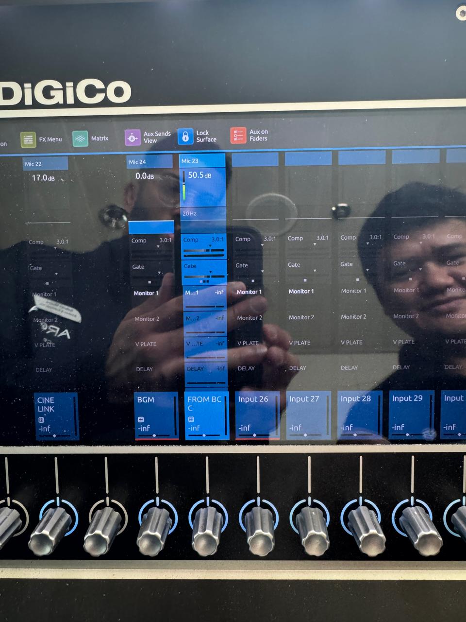 DiGiCo audio console screen routing sound from the broadcast center to the atrium